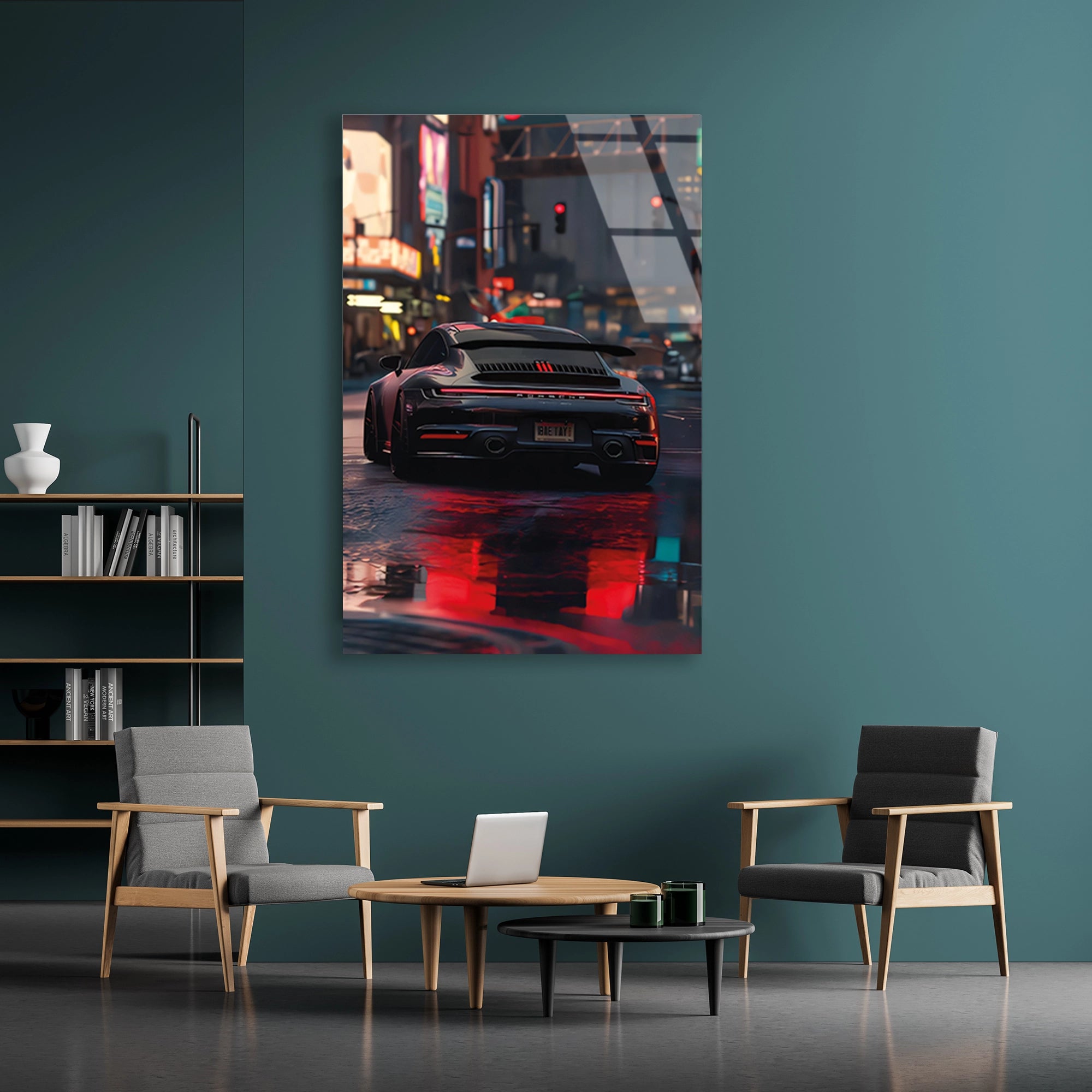 SİYAH PORSCHE GECE ŞEHİR YAĞMUR - CAM TABLO - DEG0477