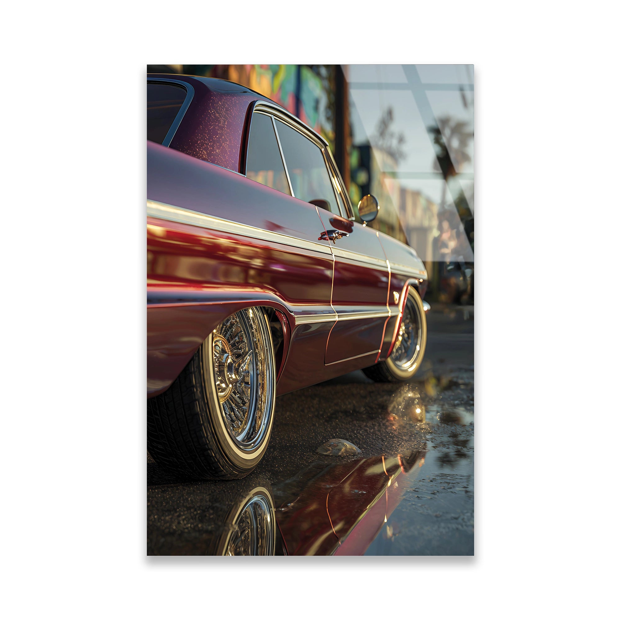 KIRMIZI LOWRIDER KLASİK ARABA - CAM TABLO - DEG0478