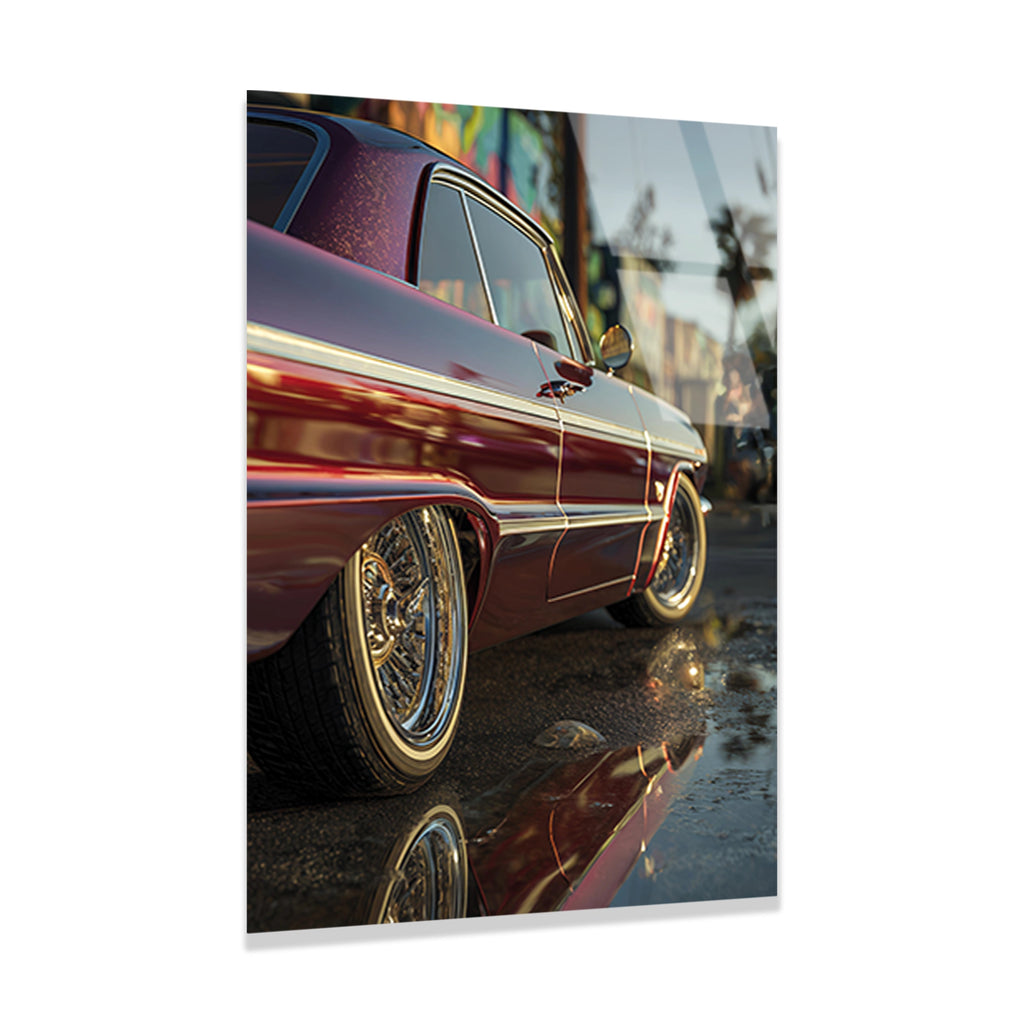 KIRMIZI LOWRIDER KLASİK ARABA - CAM TABLO - DEG0478