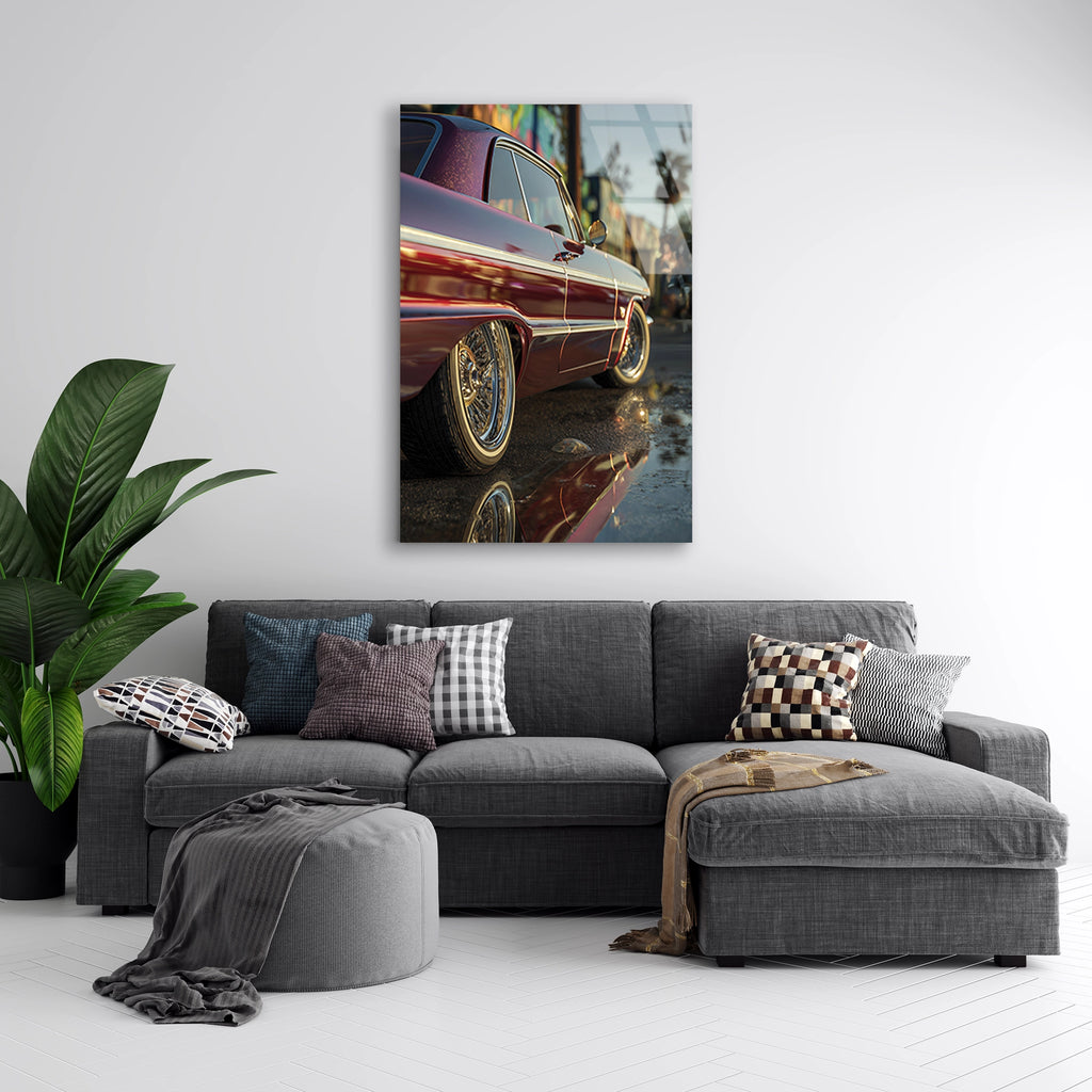 KIRMIZI LOWRIDER KLASİK ARABA - CAM TABLO - DEG0478