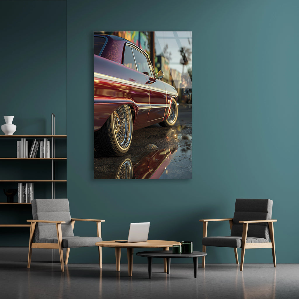 KIRMIZI LOWRIDER KLASİK ARABA - CAM TABLO - DEG0478