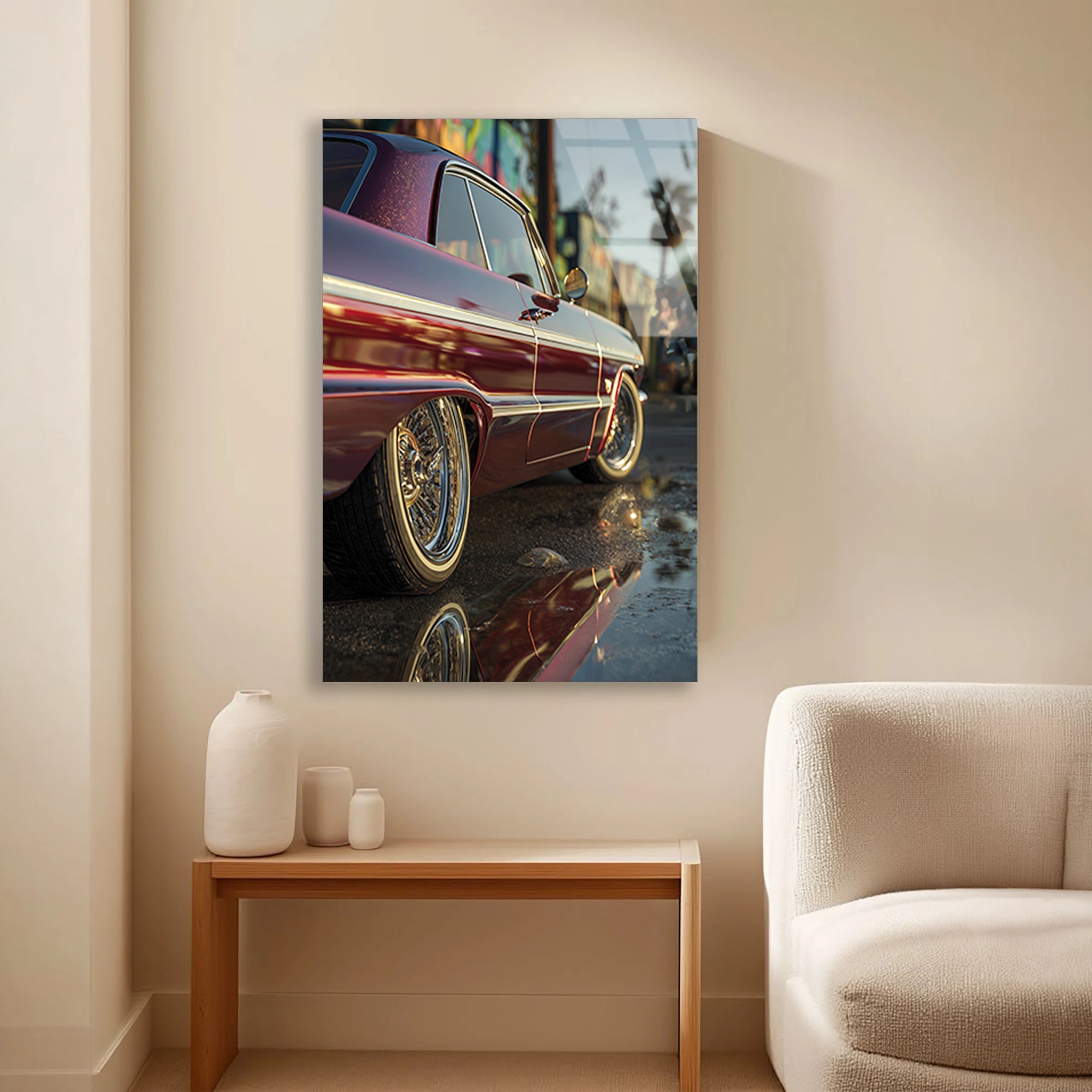 KIRMIZI LOWRIDER KLASİK ARABA - CAM TABLO - DEG0478