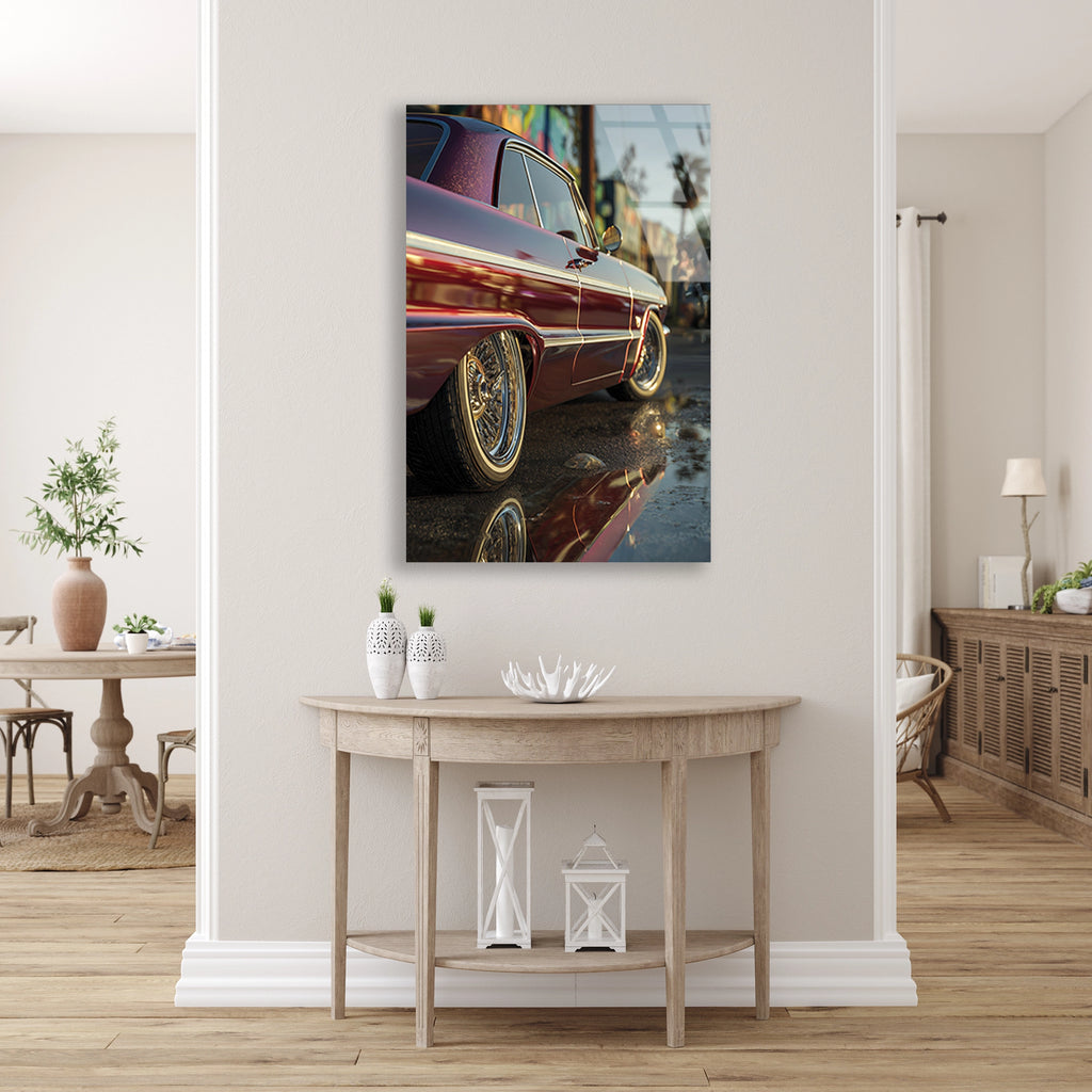 KIRMIZI LOWRIDER KLASİK ARABA - CAM TABLO - DEG0478
