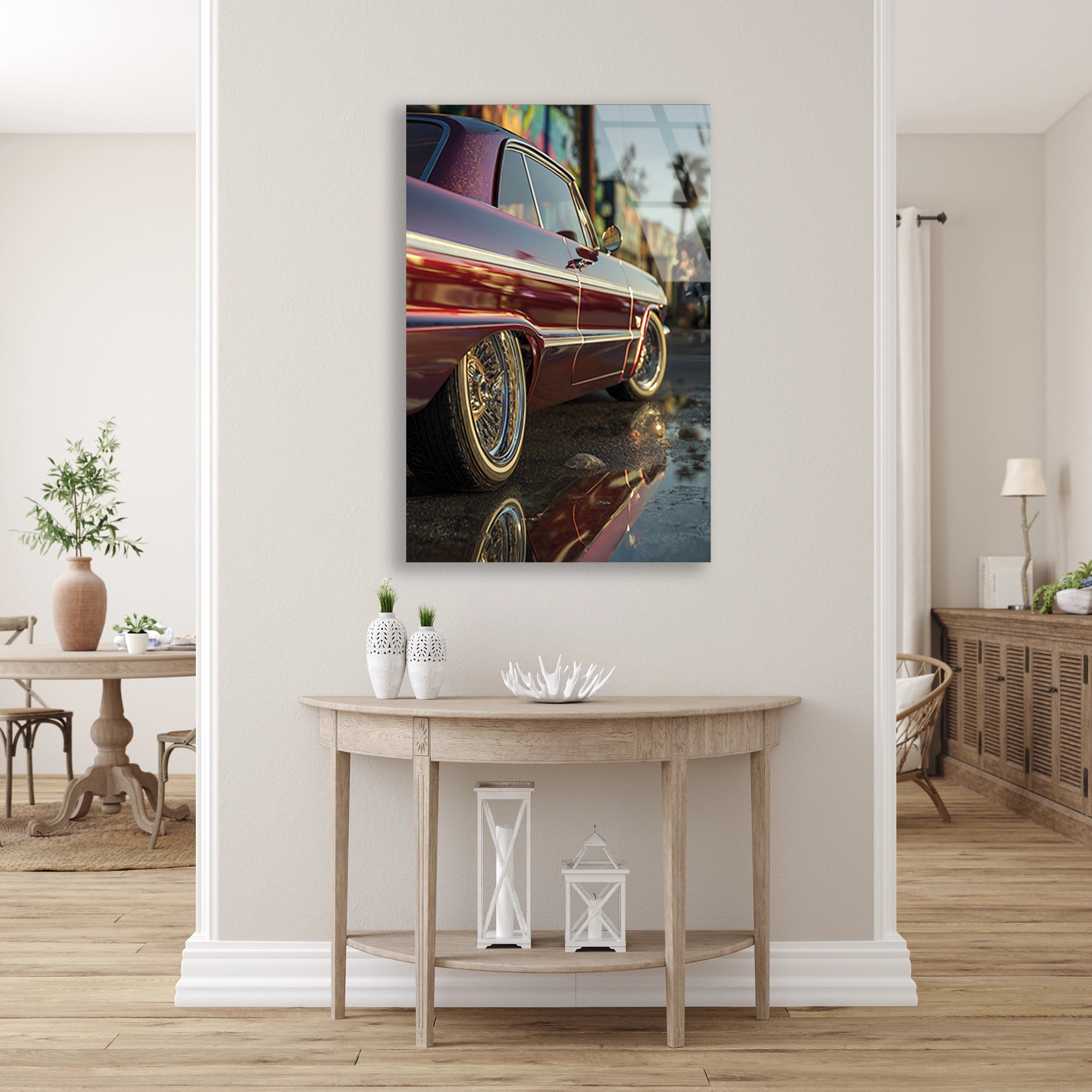 KIRMIZI LOWRIDER KLASİK ARABA - CAM TABLO - DEG0478
