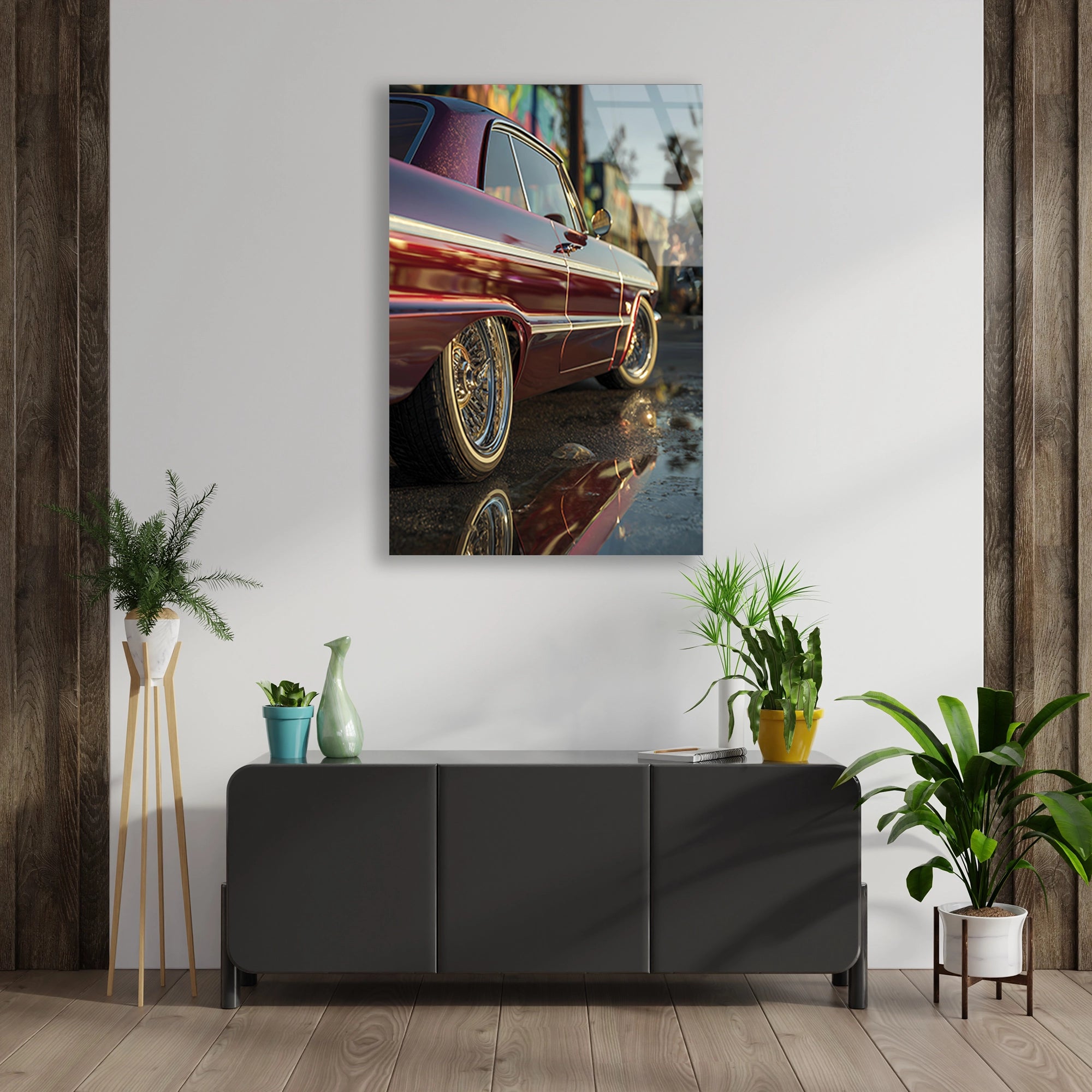 KIRMIZI LOWRIDER KLASİK ARABA - CAM TABLO - DEG0478