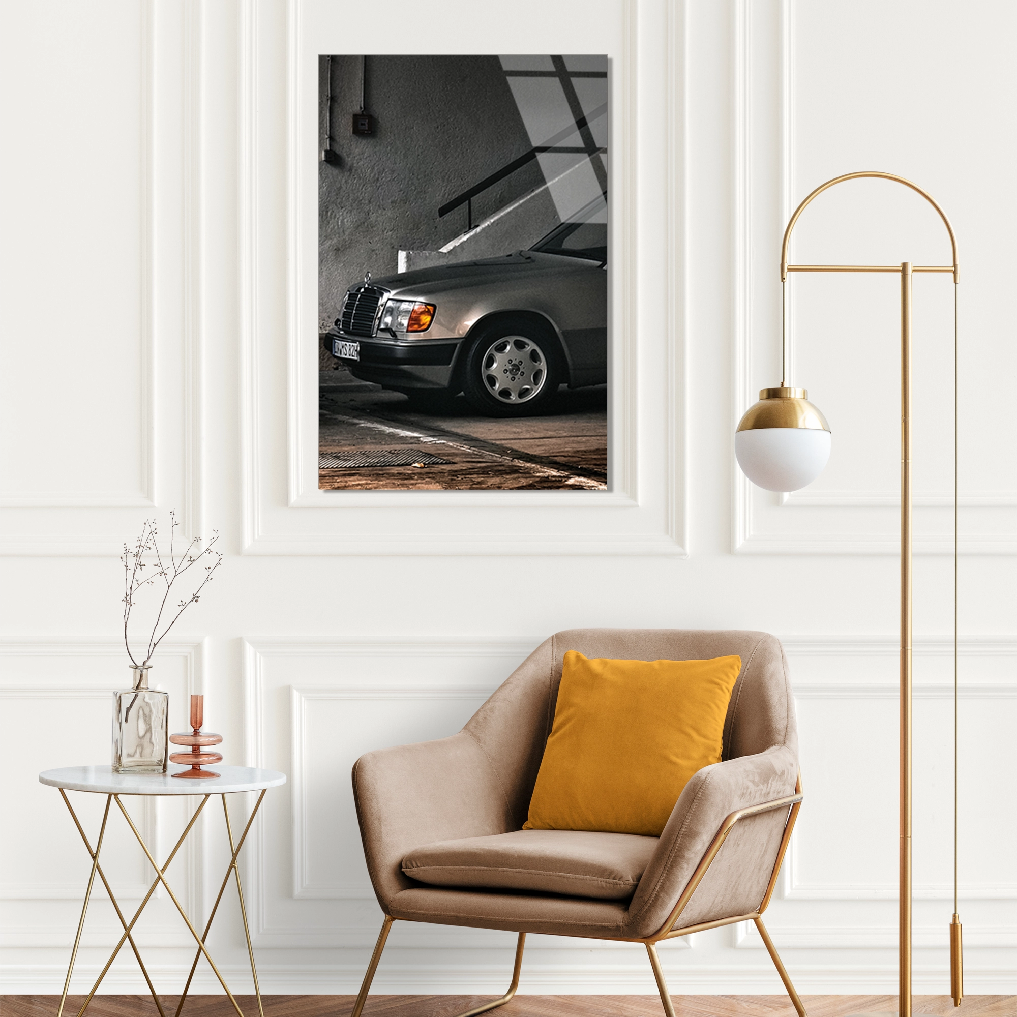 KLASİK MERCEDES W124 SİYAH BEYAZ - CAM TABLO - DEG0481