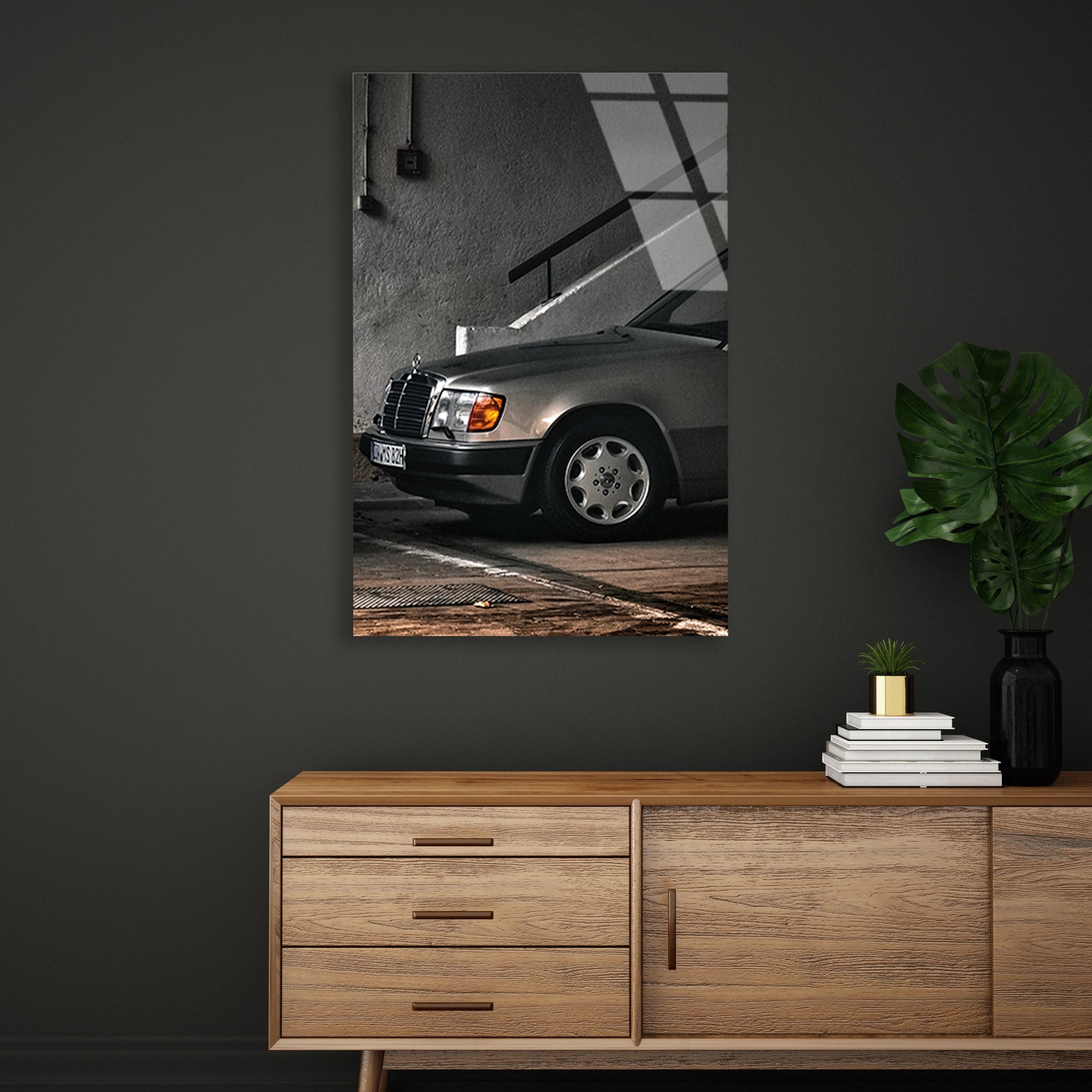 KLASİK MERCEDES W124 SİYAH BEYAZ - CAM TABLO - DEG0481