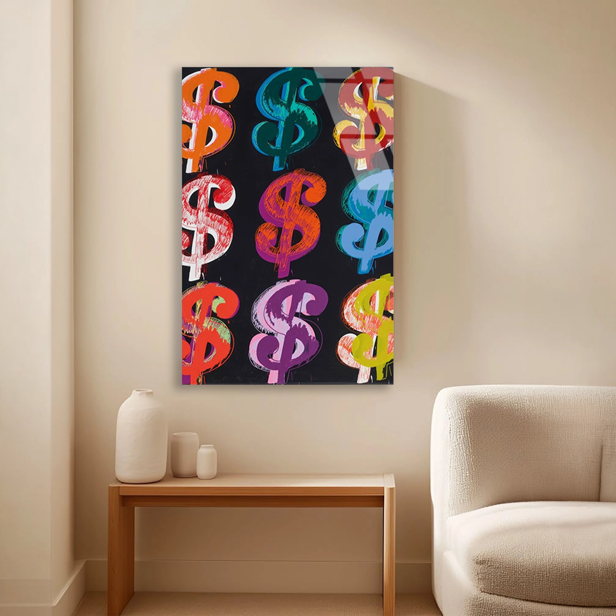 RENKLİ DOLAR İŞARETLERİ POP ART - CAM TABLO - DEG0524