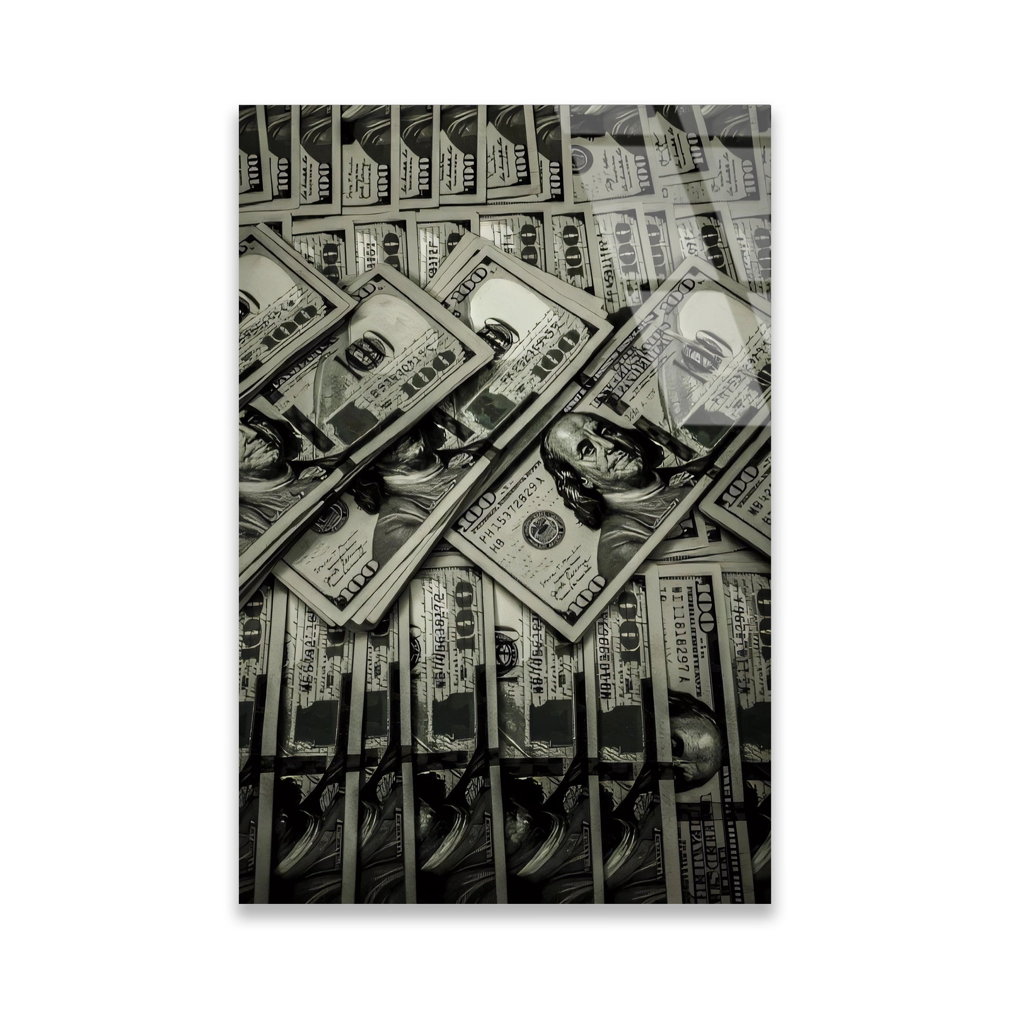 100 DOLAR BANKNOTLARI SİYAH BEYAZ - CAM TABLO - DEG0534