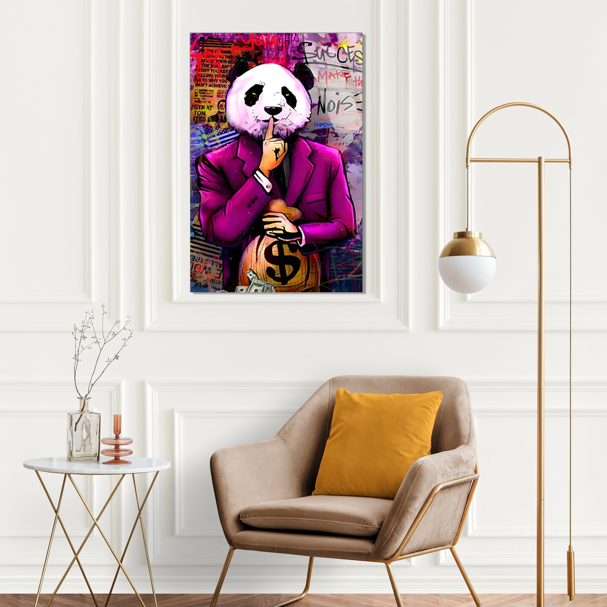 PEMBE TAKIM PANDA PARA ÇANTASI POP ART - CAM TABLO - DEG0538