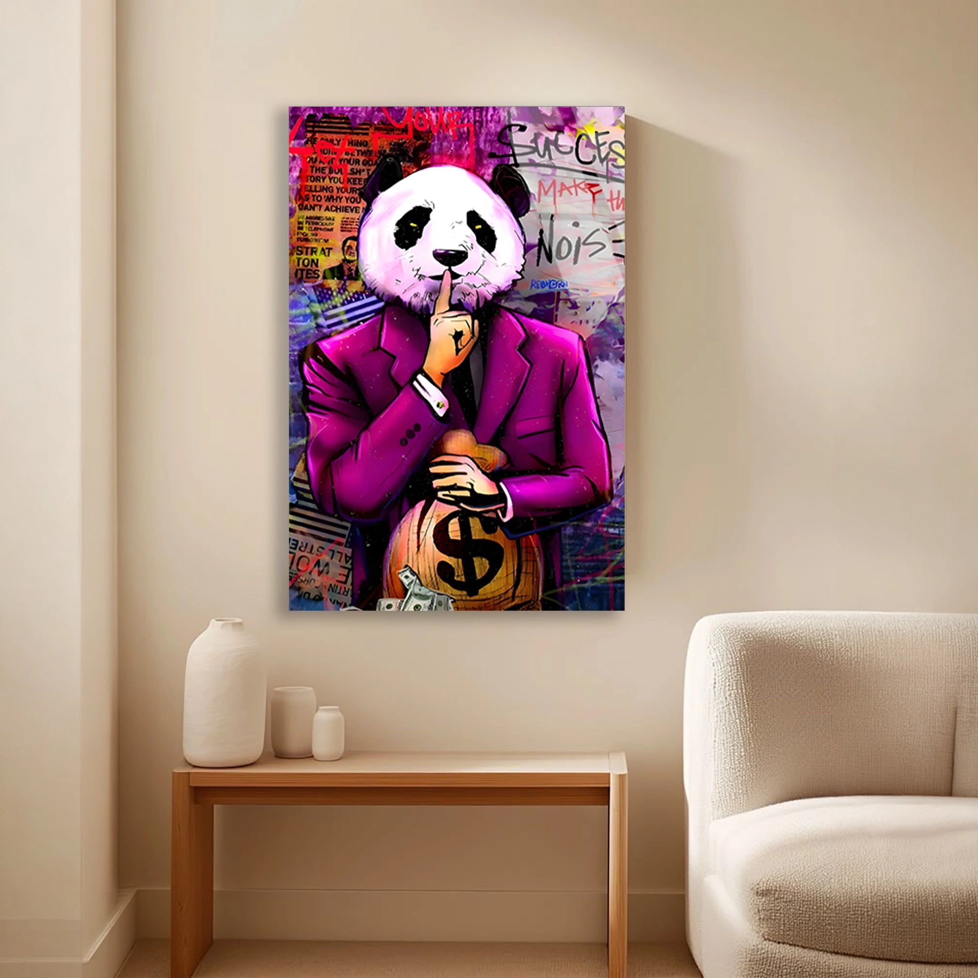 PEMBE TAKIM PANDA PARA ÇANTASI POP ART - CAM TABLO - DEG0538