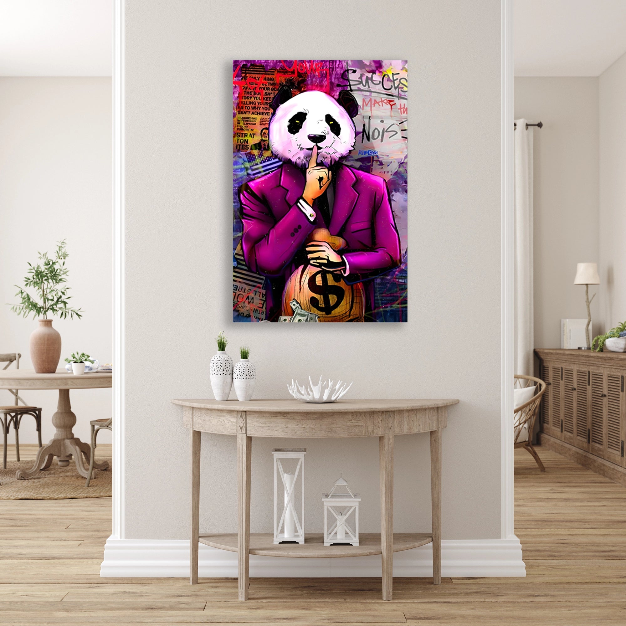 PEMBE TAKIM PANDA PARA ÇANTASI POP ART - CAM TABLO - DEG0538