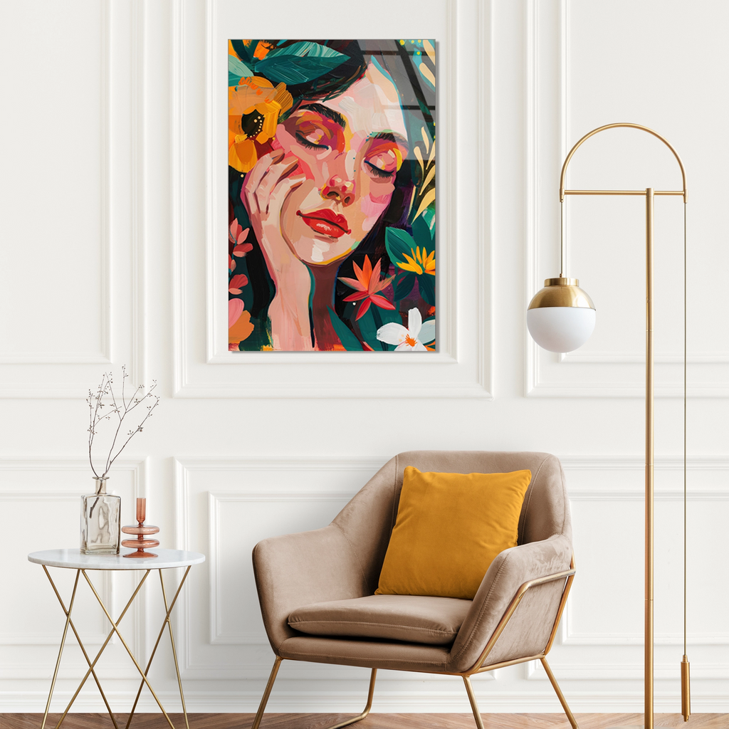 ÇİÇEKLİ KADIN PORTRE BOHO - CAM TABLO - DEG0556