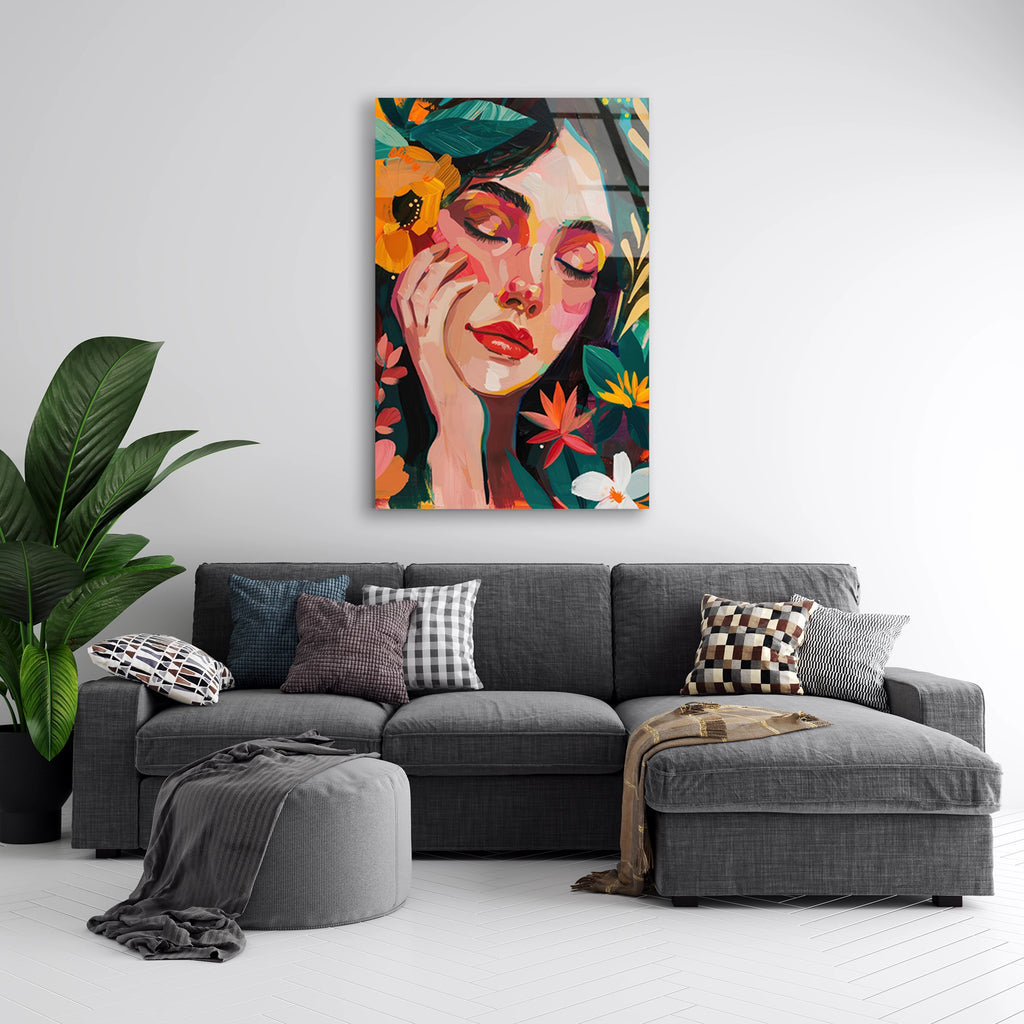 ÇİÇEKLİ KADIN PORTRE BOHO - CAM TABLO - DEG0556