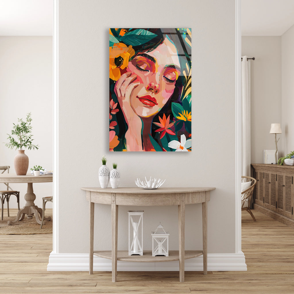 ÇİÇEKLİ KADIN PORTRE BOHO - CAM TABLO - DEG0556