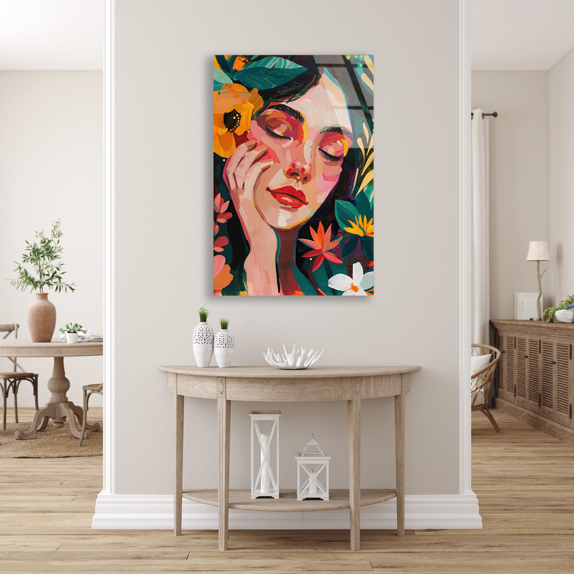 ÇİÇEKLİ KADIN PORTRE BOHO - CAM TABLO - DEG0556