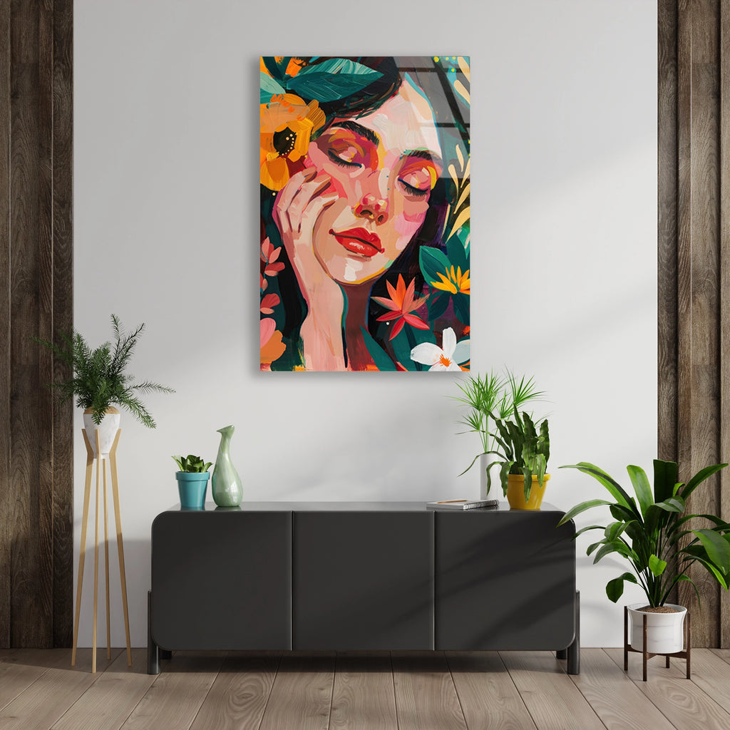 ÇİÇEKLİ KADIN PORTRE BOHO - CAM TABLO - DEG0556