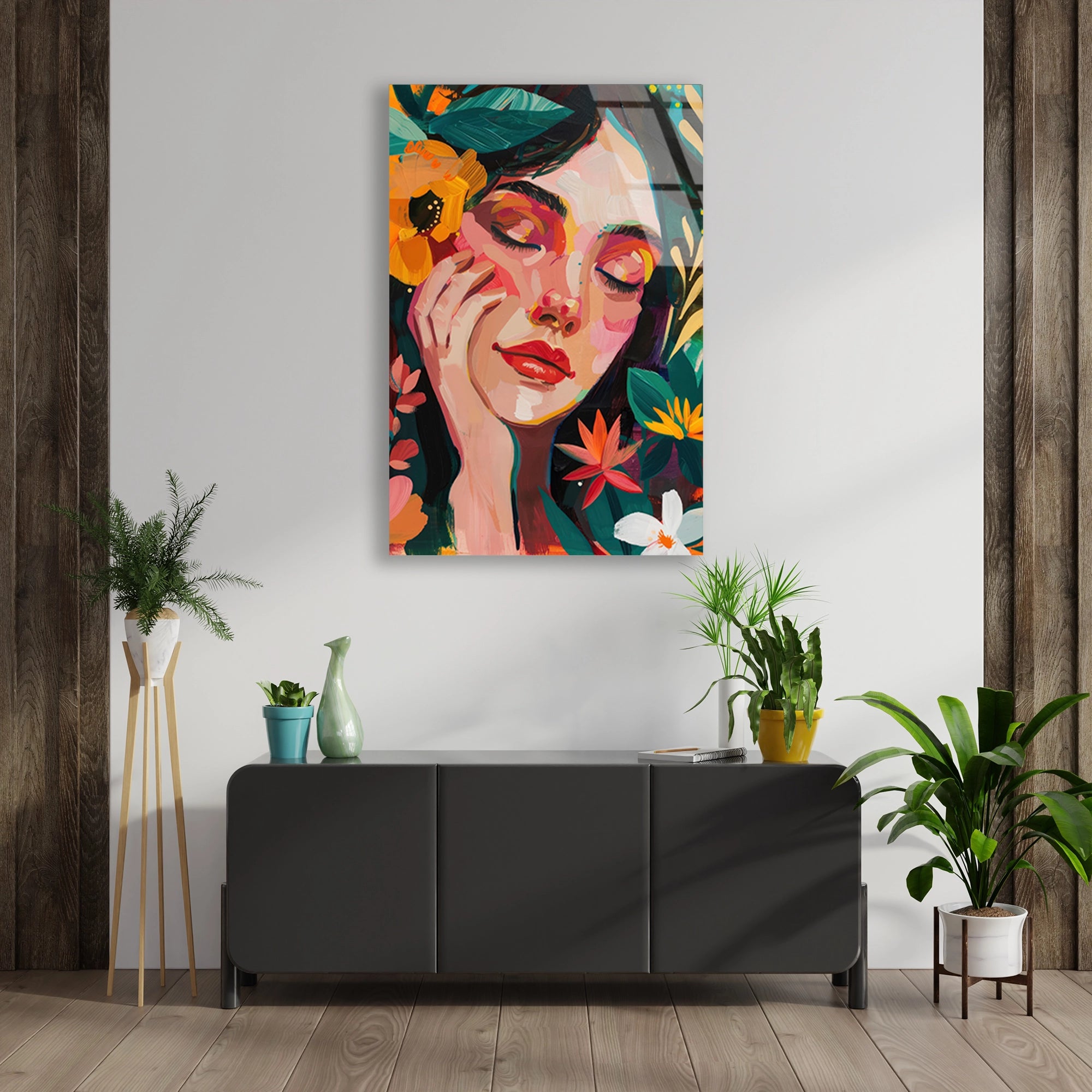 ÇİÇEKLİ KADIN PORTRE BOHO - CAM TABLO - DEG0556