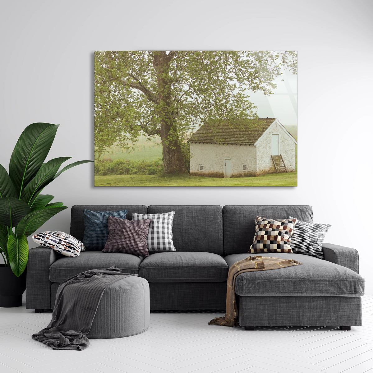 Ağaç Ve Kır Evi Cam Tablo
