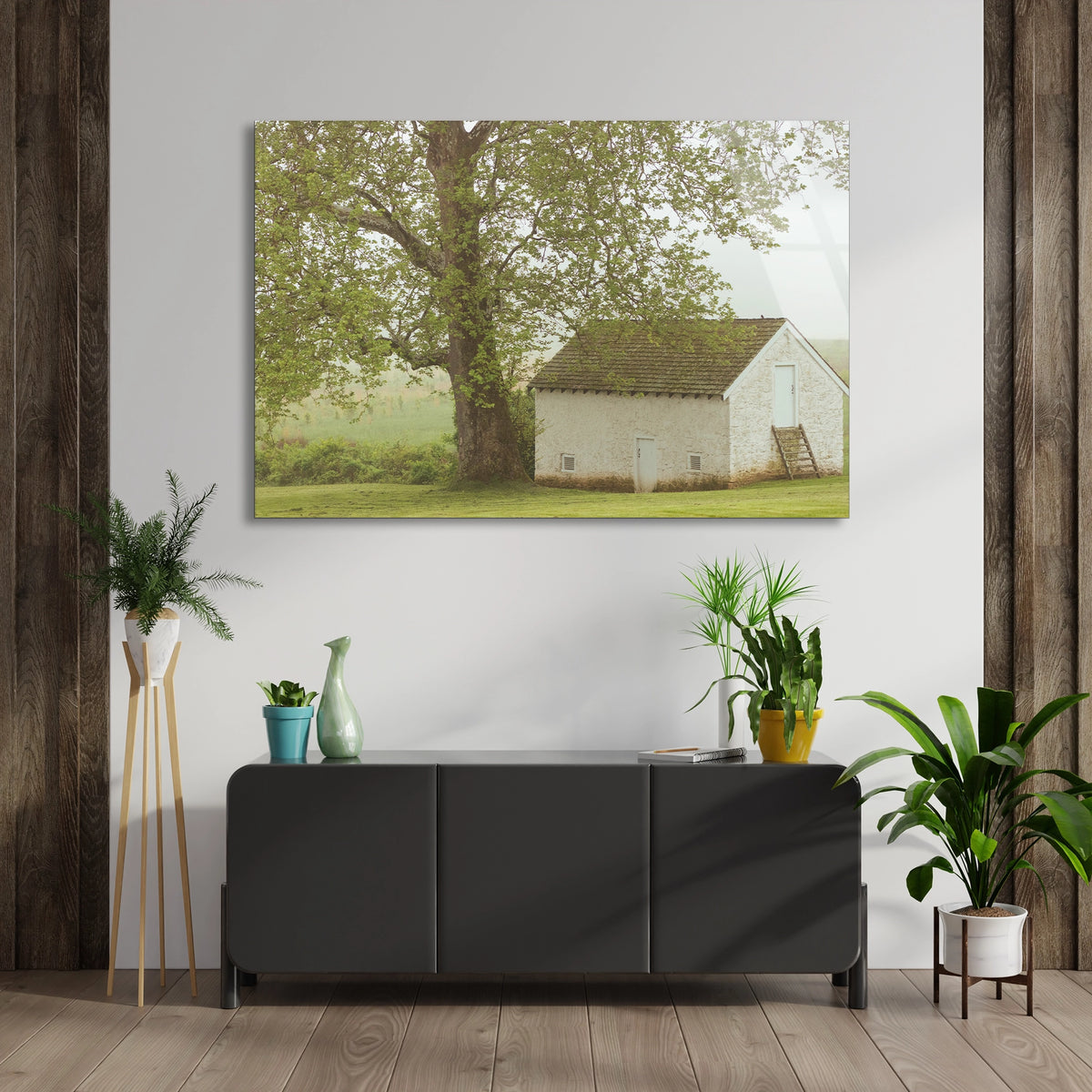 Ağaç Ve Kır Evi Cam Tablo