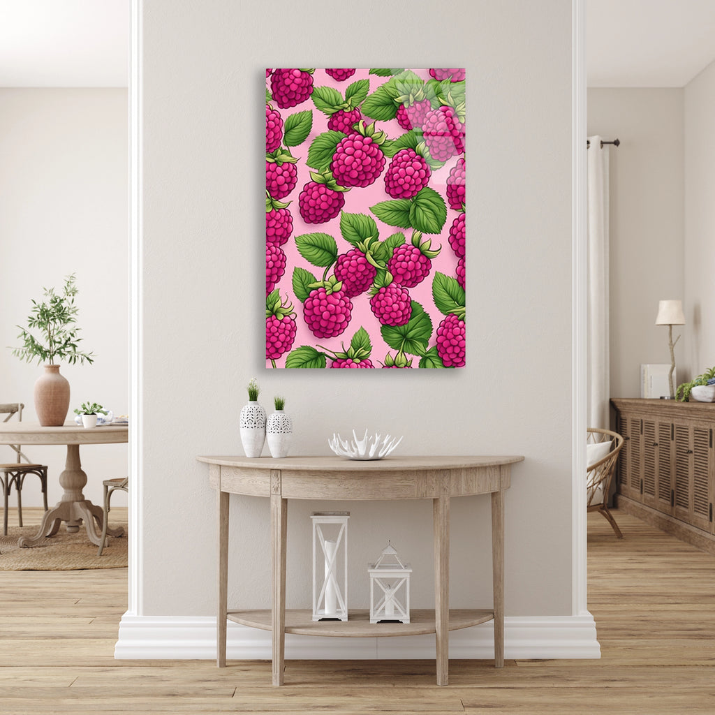Ahududu Deseni Pembe Cam Tablo