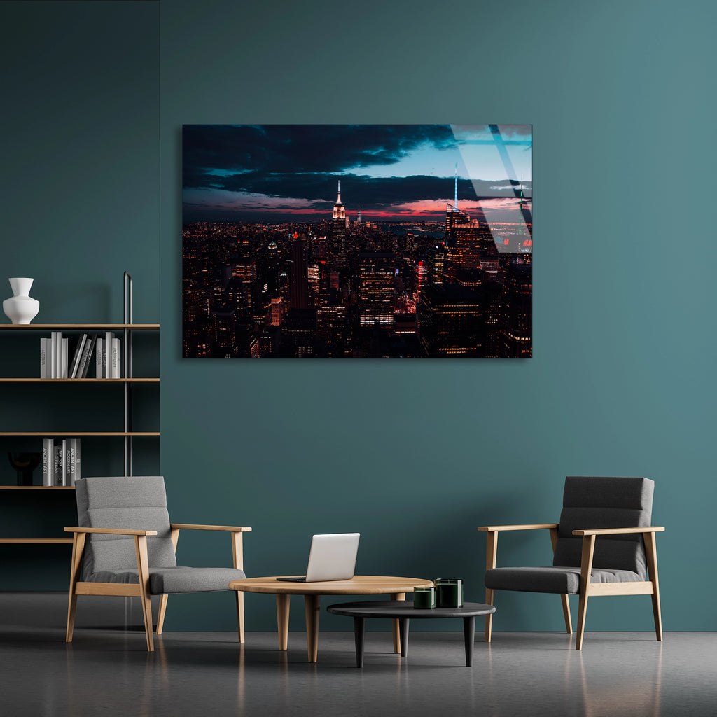 Akşam Şehir Silüeti Cam Tablo