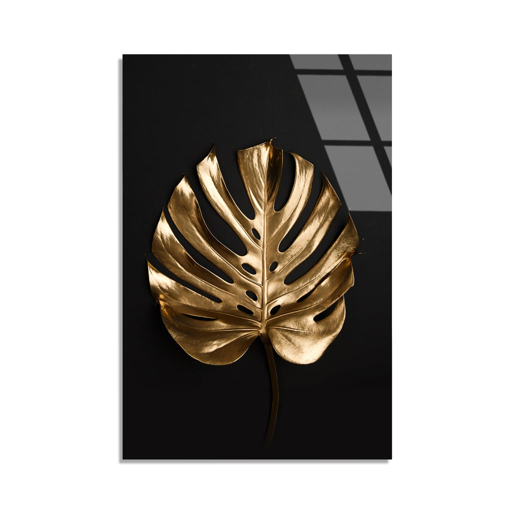 Altin Monstera Yapragi Cam Tablo
