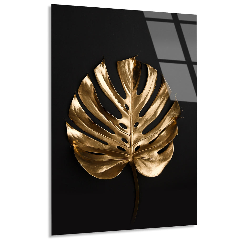 Altin Monstera Yapragi Cam Tablo