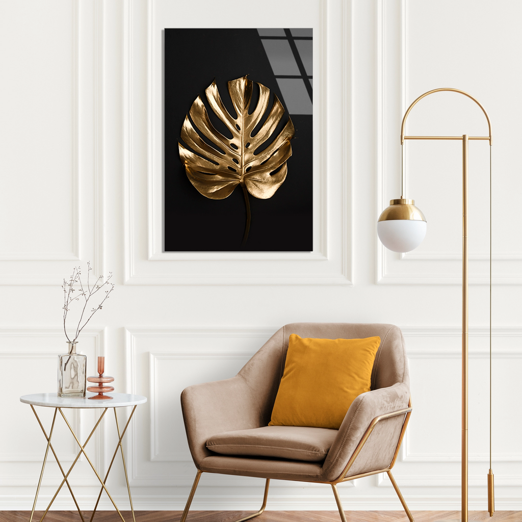 Altin Monstera Yapragi Cam Tablo