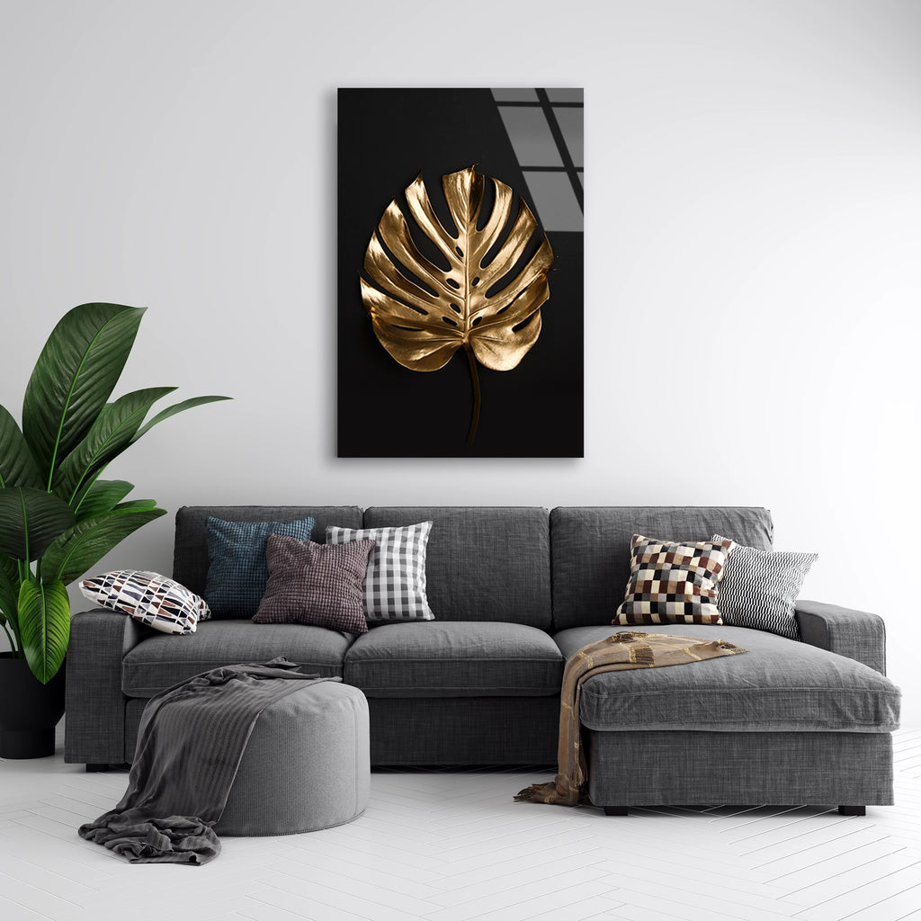 Altin Monstera Yapragi Cam Tablo