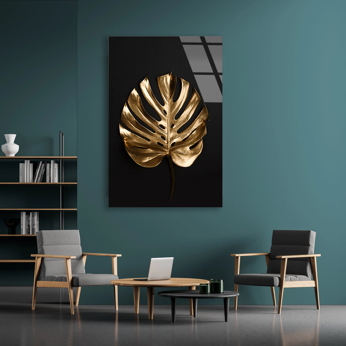 Altin Monstera Yapragi Cam Tablo