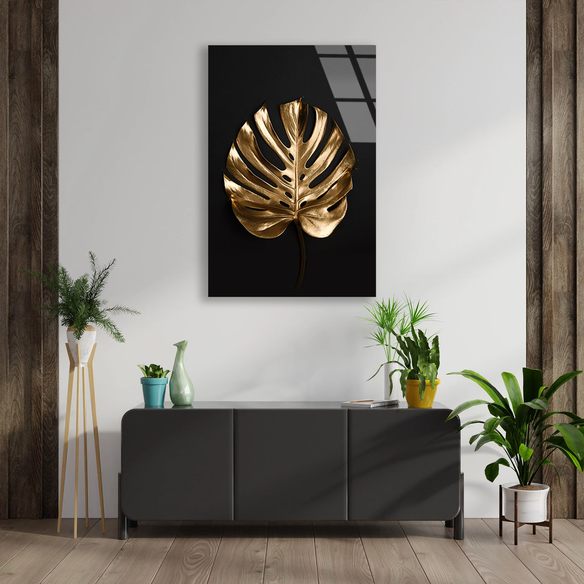 Altin Monstera Yapragi Cam Tablo