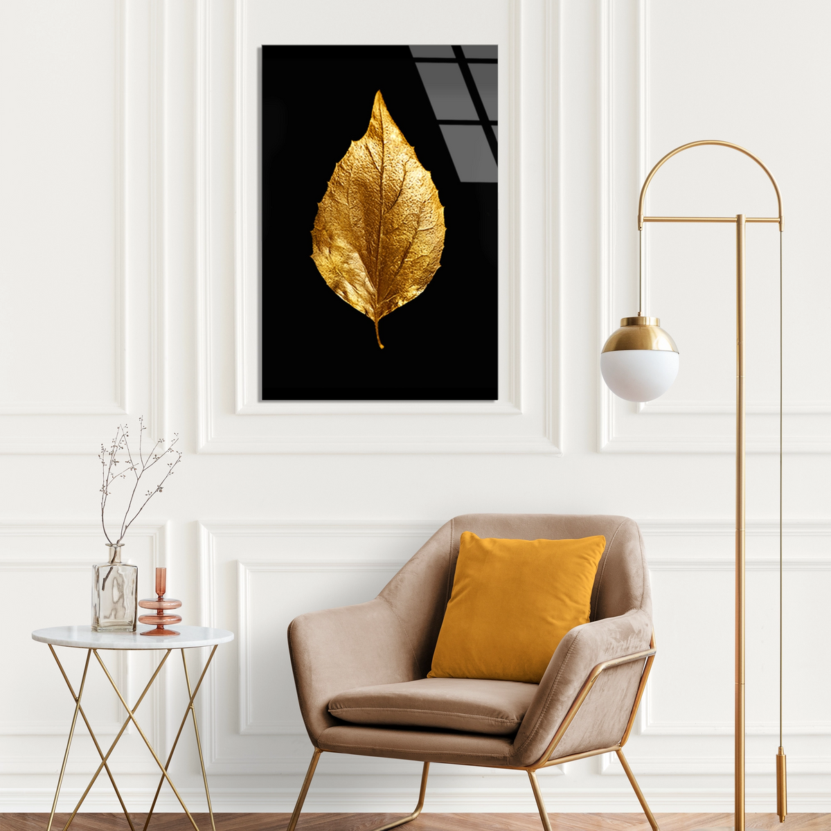 Altin Yaprak Minimal Cam Tablo