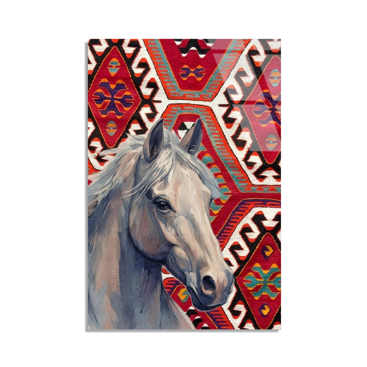 At Ve Kilim Deseni Cam Tablo