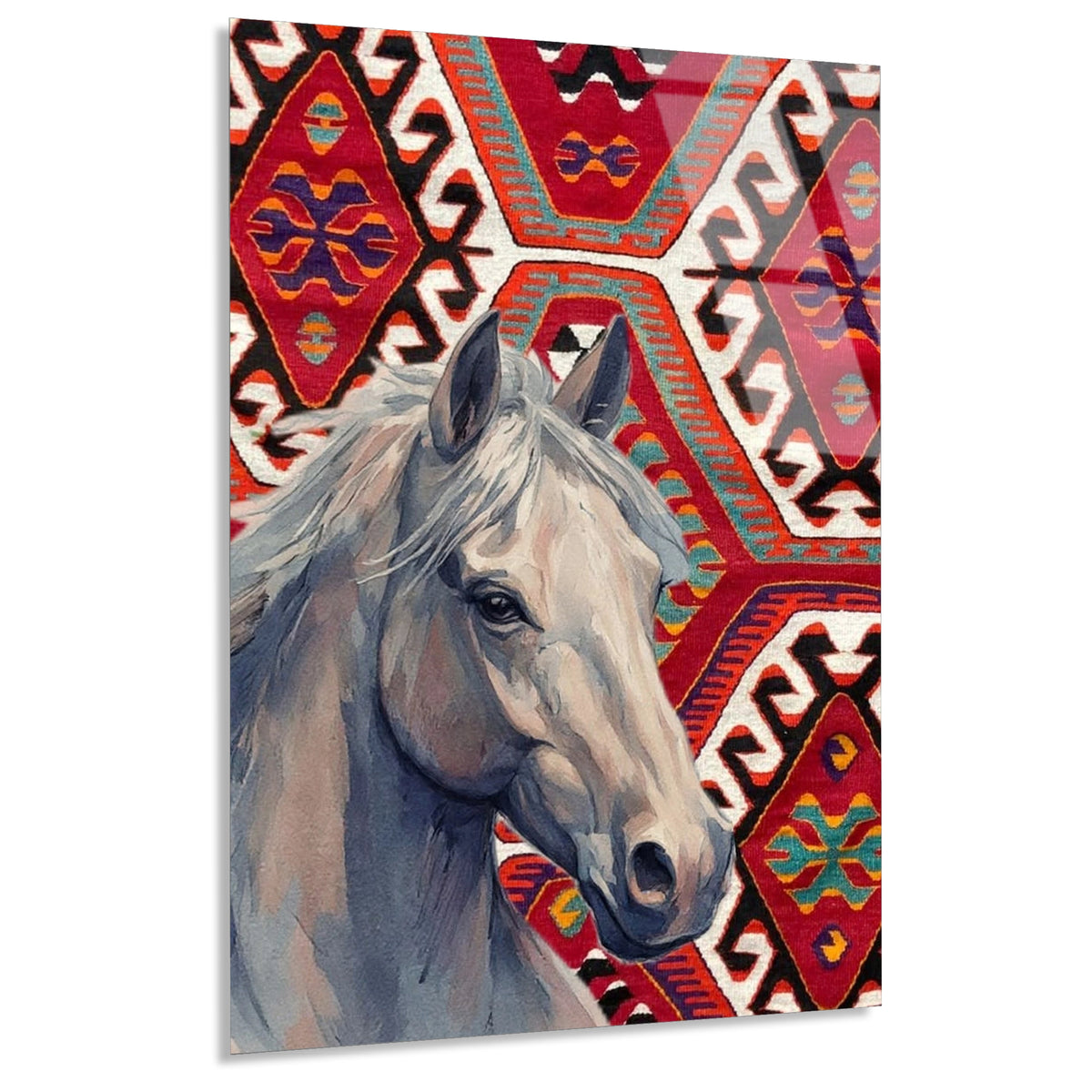 At Ve Kilim Deseni Cam Tablo