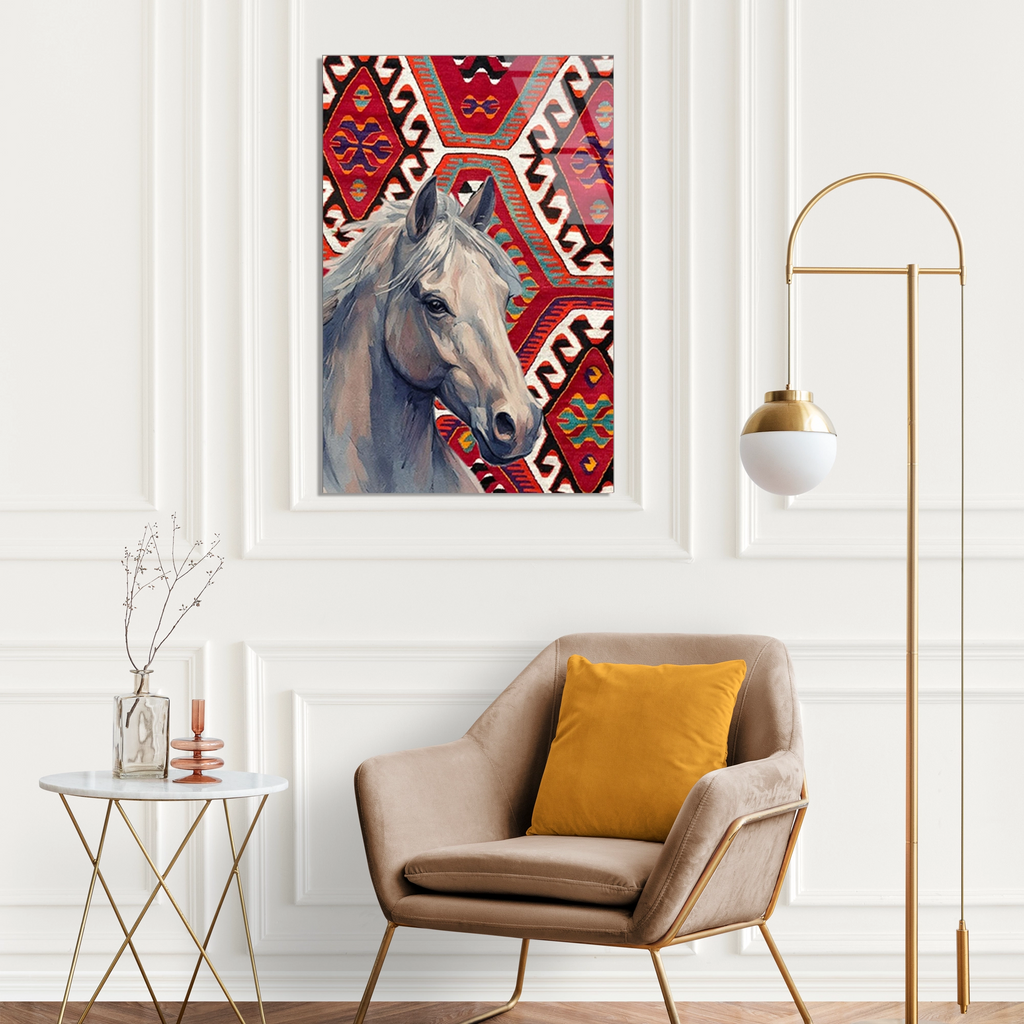 At Ve Kilim Deseni Cam Tablo