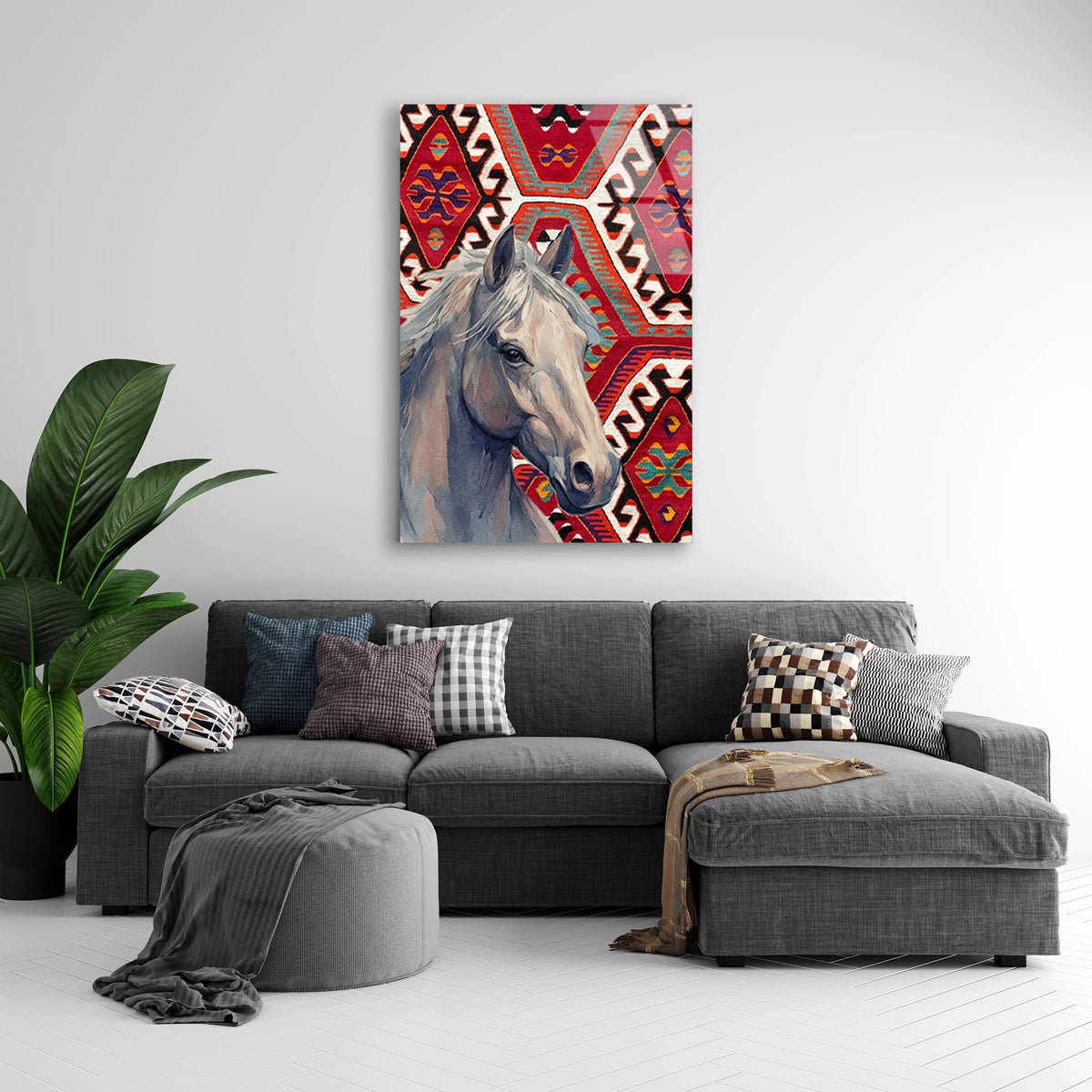 At Ve Kilim Deseni Cam Tablo