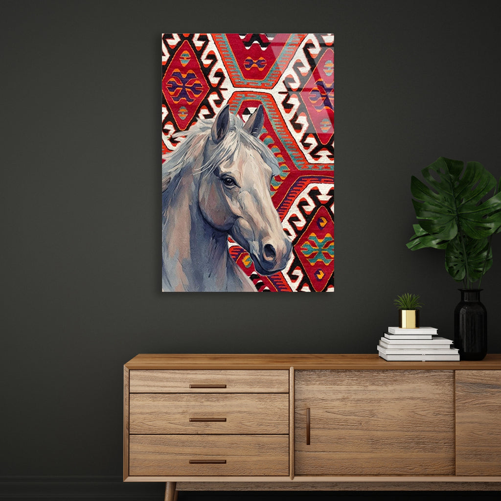 At Ve Kilim Deseni Cam Tablo