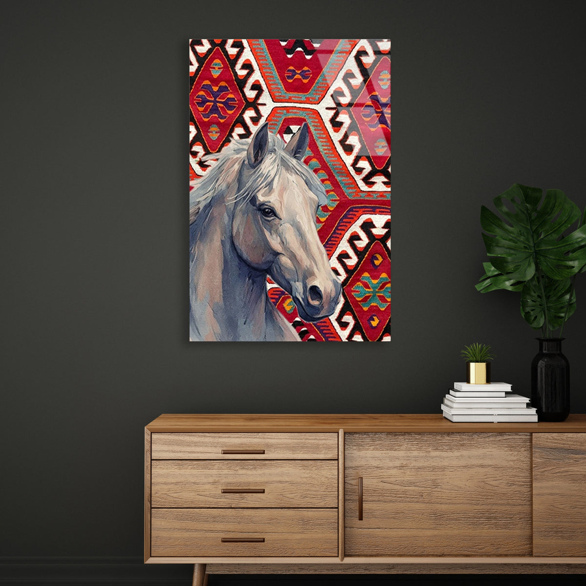 At Ve Kilim Deseni Cam Tablo