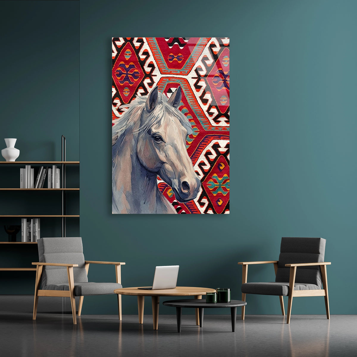 At Ve Kilim Deseni Cam Tablo