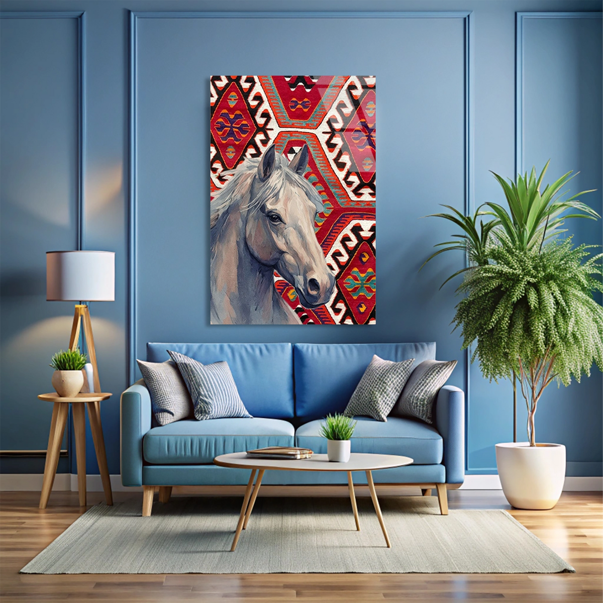 At Ve Kilim Deseni Cam Tablo