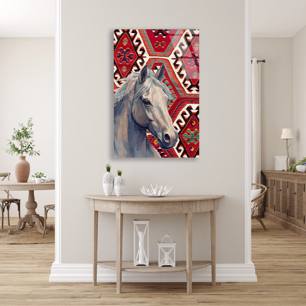 At Ve Kilim Deseni Cam Tablo
