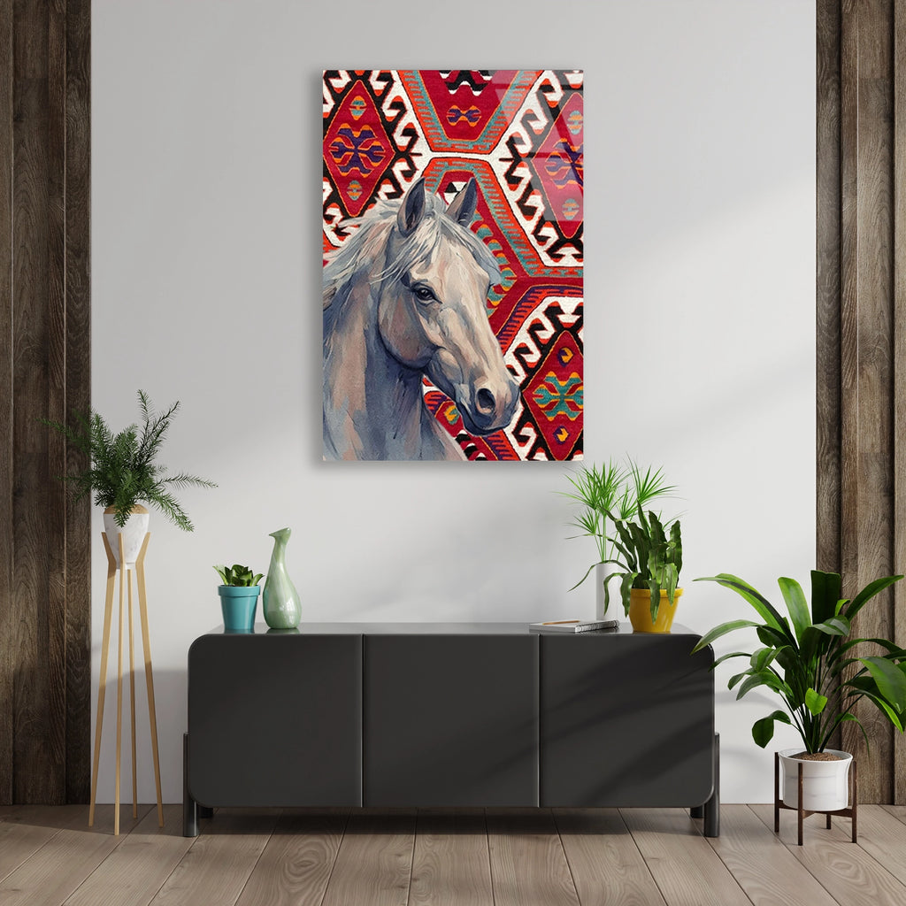 At Ve Kilim Deseni Cam Tablo