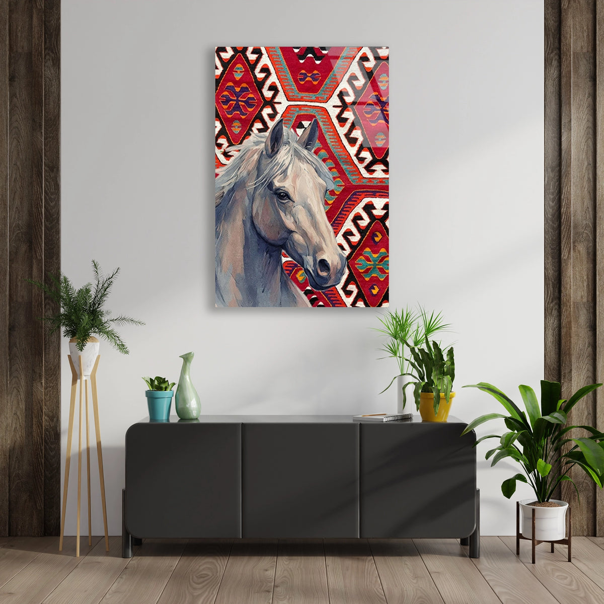 At Ve Kilim Deseni Cam Tablo