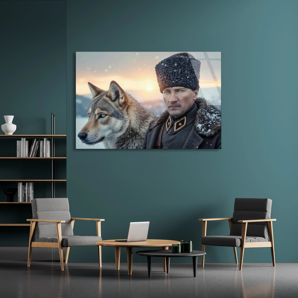 Atatürk Kurt Portresi Cam Tablo