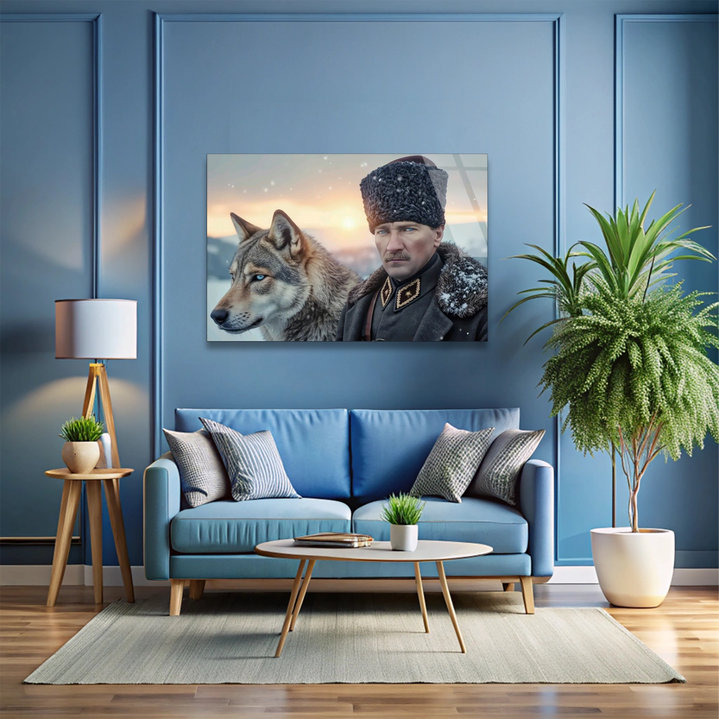 Atatürk Kurt Portresi Cam Tablo