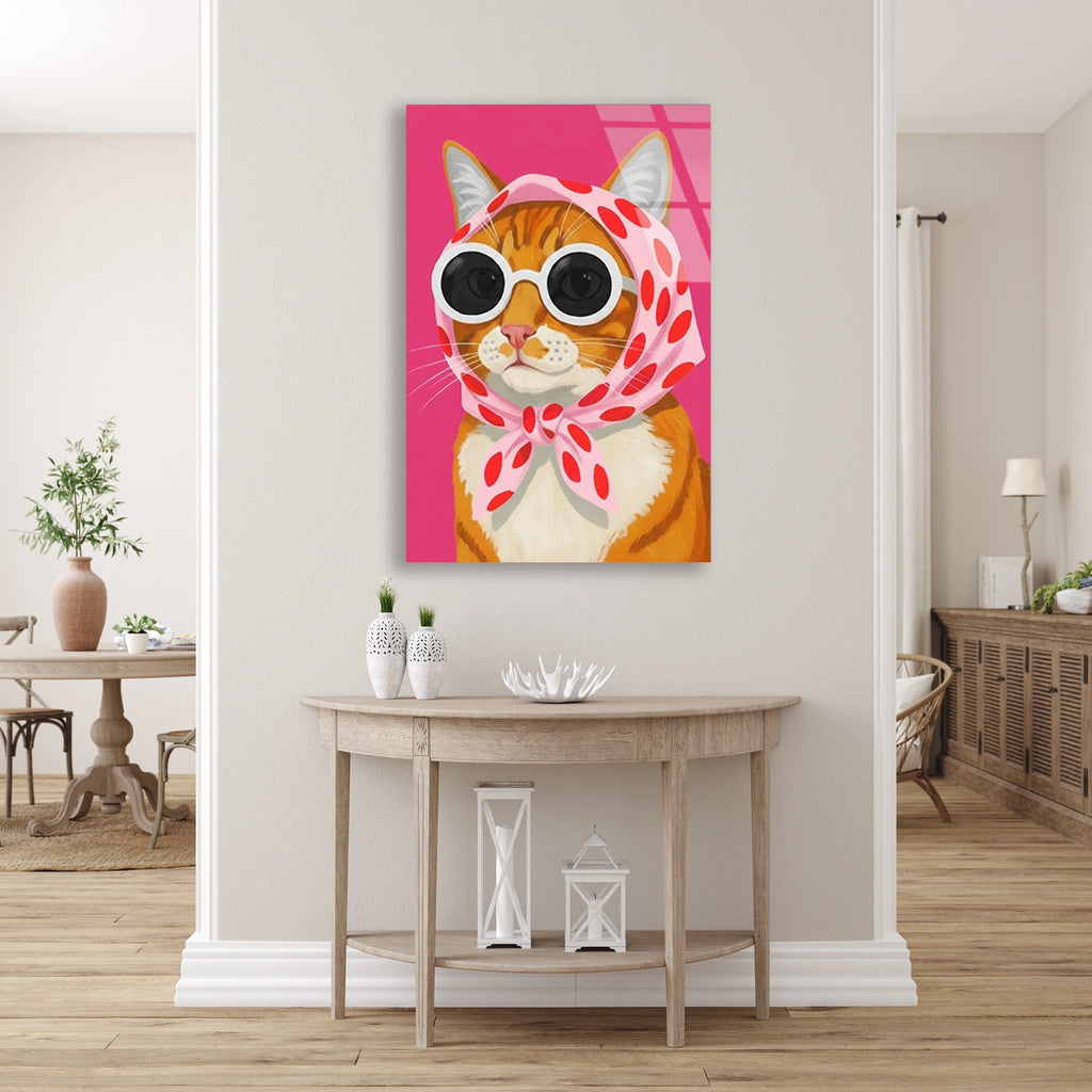 Atkili Gozluklu Kedi Cam Tablo
