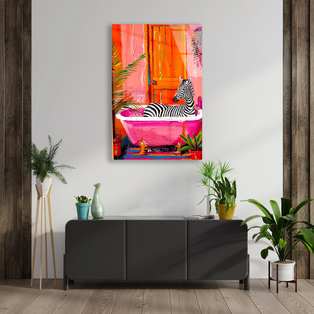 Banyoda Pembe Zebra Cam Tablo