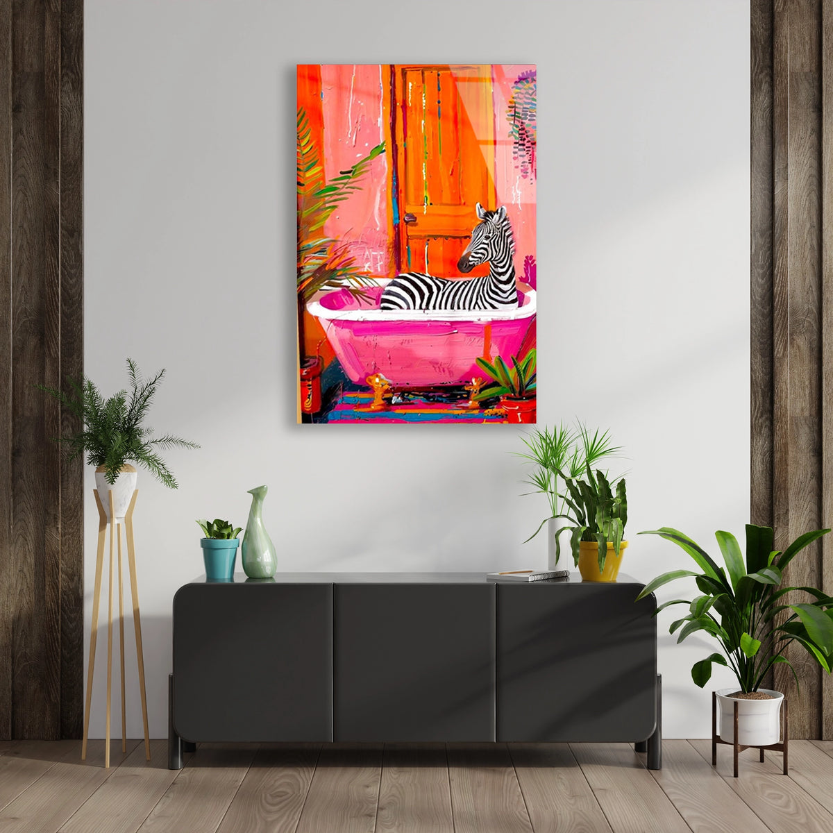 Banyoda Pembe Zebra Cam Tablo