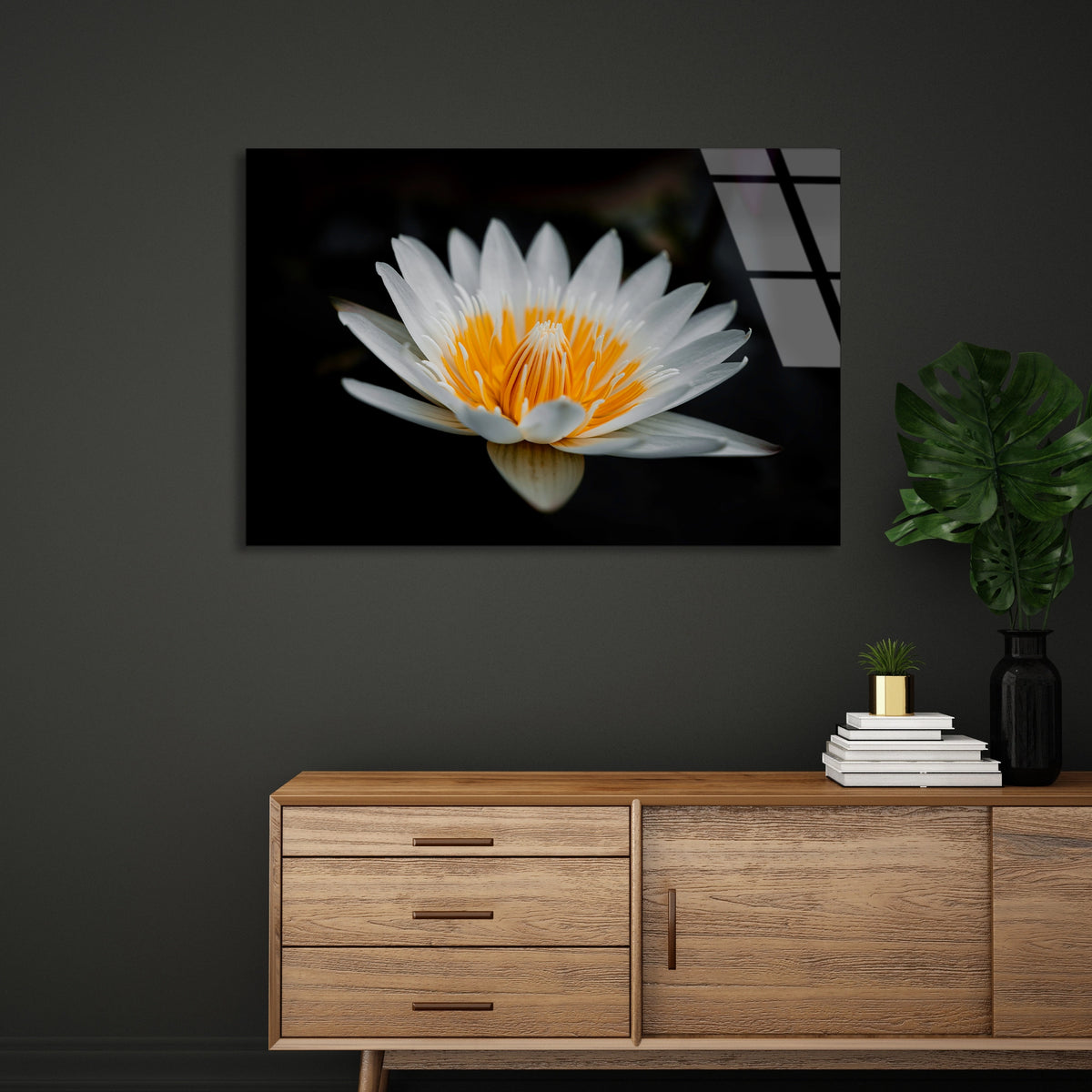 Beyaz Lotus Cicegi Cam Tablo